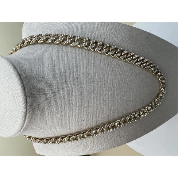 Heavy Gold Tone Cuban Link Chain Necklace with Rhinestones - Picture 2 of 10